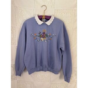VTG 90s Purple Embroidered Collared Granny Crewneck Cottage Sweater Size L